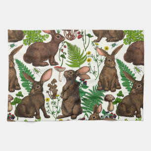 Rabbits and woodland flora 4 kitchen towel
