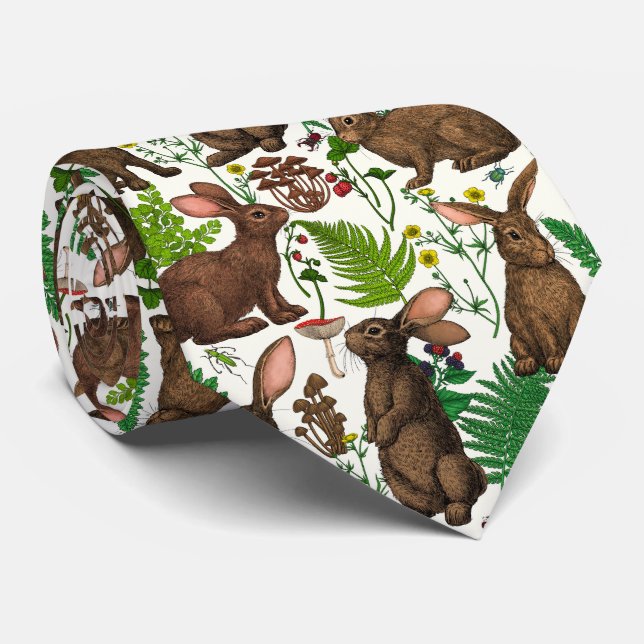 Rabbits and woodland flora 4 neck tie (Rolled)