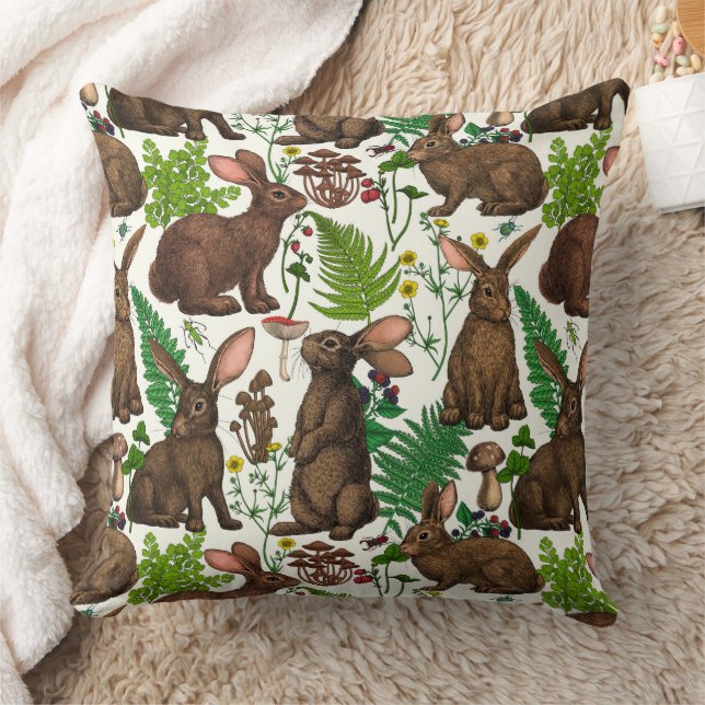 Rabbits and woodland flora 4 throw pillow (Blanket)