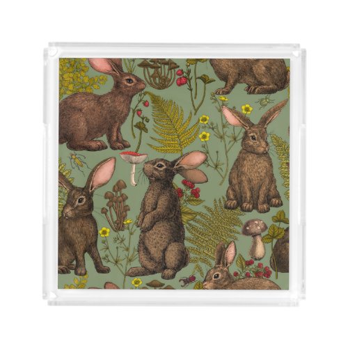 Rabbits and woodland flora Acrylic Tray