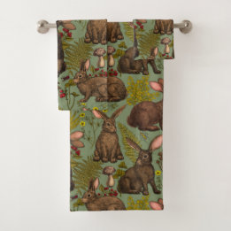 Rabbits and woodland flora Bath Towel Set