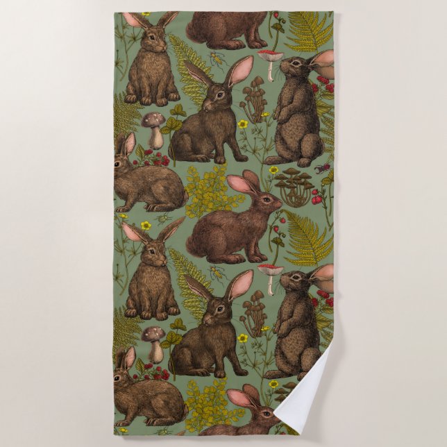 Rabbits and woodland flora Beach Towel (Front)
