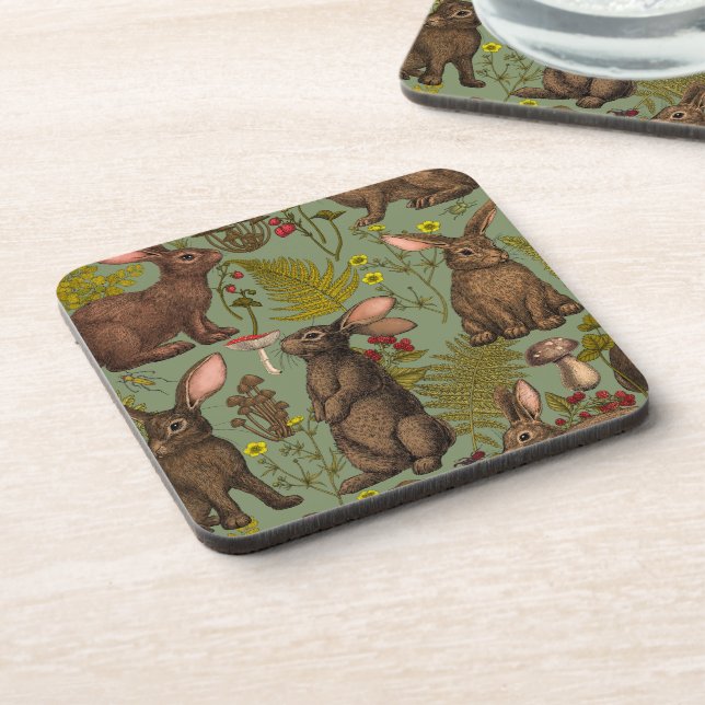 Rabbits and woodland flora Beverage Coaster (Left Side)