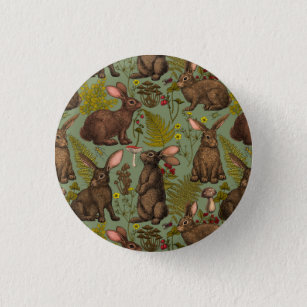Rabbits and woodland flora Button