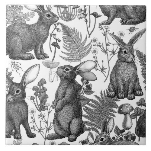 Rabbits and woodland flora Ceramic Tile