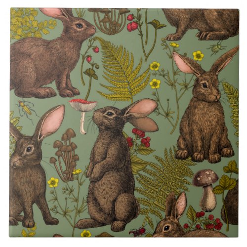 Rabbits and woodland flora Ceramic Tile