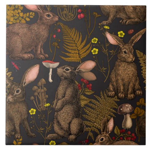 Rabbits and woodland flora Ceramic Tile