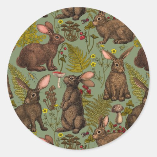 Rabbits and woodland flora Classic Round Sticker