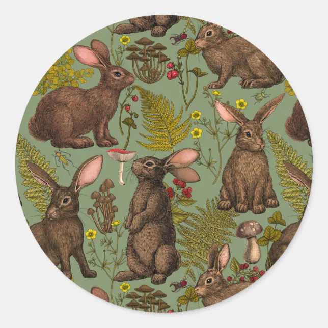 Rabbits and woodland flora Classic Round Sticker | Zazzle