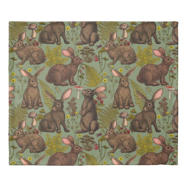 Rabbits and woodland flora Duvet Cover (Front)