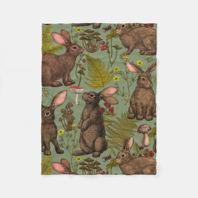 Rabbits and woodland flora Fleece Blanket (Front)