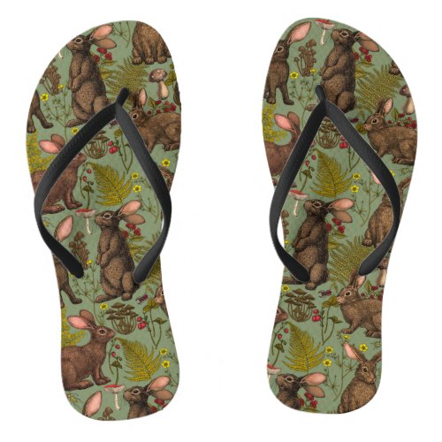 Rabbits and woodland flora Flip Flops