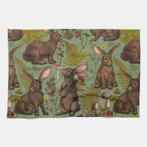 Rabbits and woodland flora Kitchen Towel