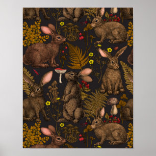 Rabbits and woodland flora Poster
