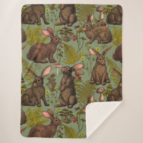 Rabbits and woodland flora Sherpa Blanket