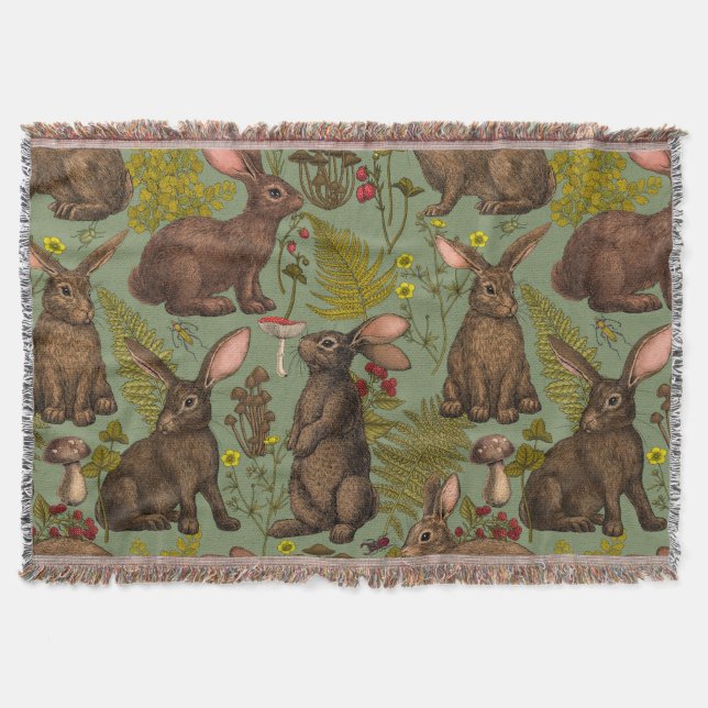 Rabbits and woodland flora Throw Blanket (Front)