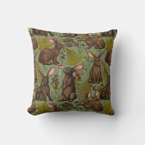Rabbits and woodland flora Throw Pillow