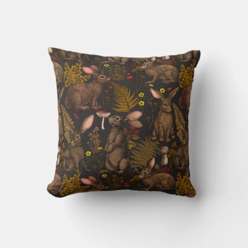 Rabbits and woodland flora Throw Pillow