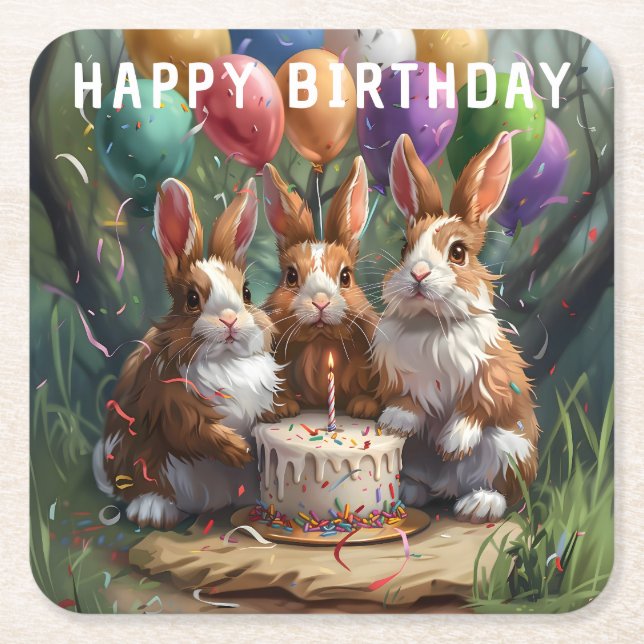 Rabbits Birthday Party Square Paper Coaster (Front)
