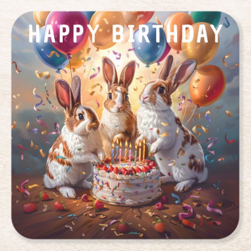 Rabbits Birthday Party Square Paper Coaster
