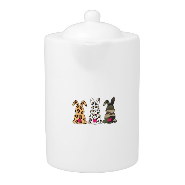 Rabbits Bunnies Leopard Camouflage Happy Easter Da Teapot (Front)