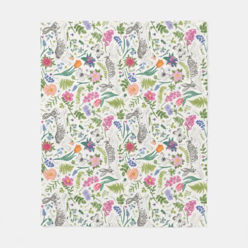 Rabbits Butterflies and Flowers  Fleece Blanket