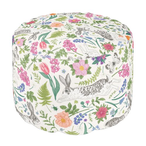 Rabbits Butterflies and Flowers Pouf