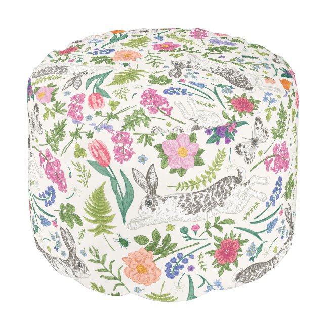 Rabbits, Butterflies and Flowers Pouf (Angled Front)