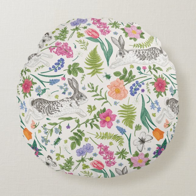Rabbits, Butterflies and Flowers  Round Pillow (Front)