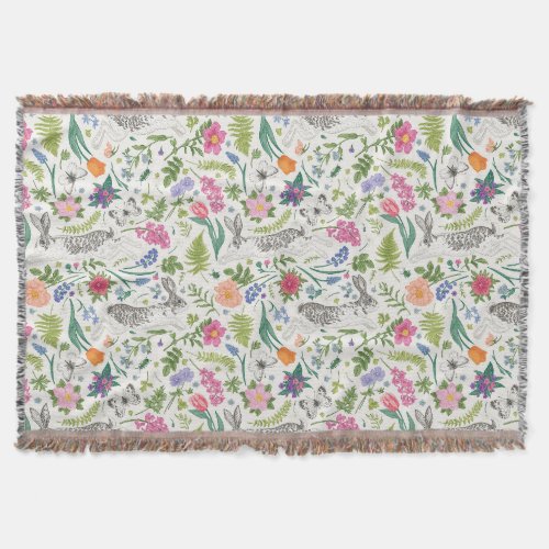 Rabbits Butterflies and Flowers  Throw Blanket