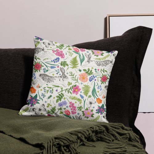 Rabbits Butterflies and Flowers Throw Pillow