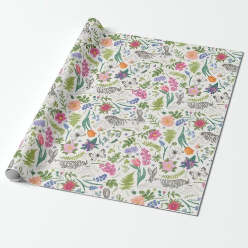 Rabbits Butterflies and Flowers Wrapping Paper