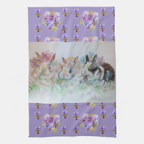 Rabbits Cute Lavender Watercolour Floral Bunny Kitchen Towel