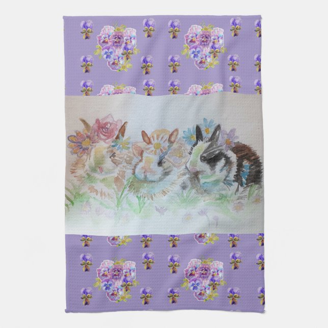 Rabbits Cute Lavender Watercolour Floral Bunny Kitchen Towel (Vertical)