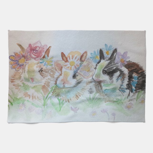 Rabbits Cute Rabbit Watercolour Floral Bunny Kitchen Towel (Horizontal)