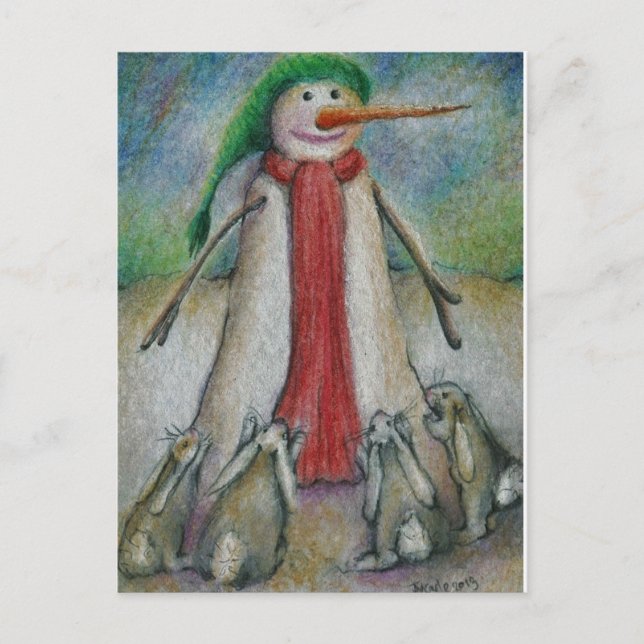 Rabbits desperate  to eat  snowman's carrot nose! postcard (Front)