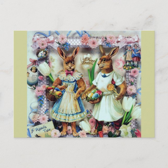 Rabbits Easter Bunnies Victorian Dress Eggs Holiday Postcard (Front)