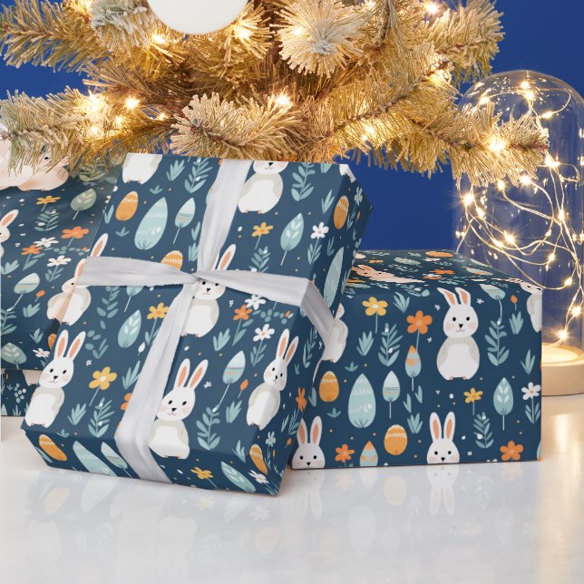 Rabbits Eggs Flowers Blue And Orange  Wrapping Paper (Holidays)