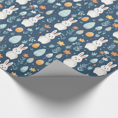 Rabbits Eggs Flowers Blue And Orange  Wrapping Paper