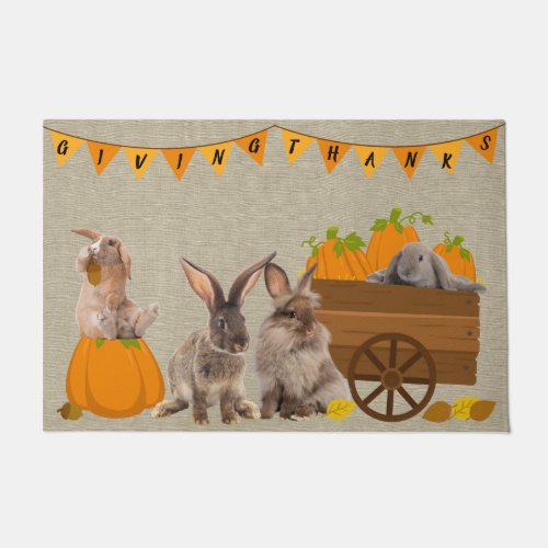 Rabbits Fall Pumpkin Acorn Thanksgiving Doormat