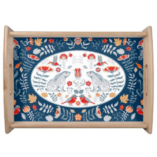 Rabbits, flowers: folk art banner. serving tray