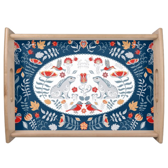 Rabbits, flowers: folk art banner. serving tray (Front)