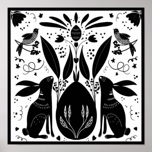 Rabbits Folk Art  Block Print Design Post BW