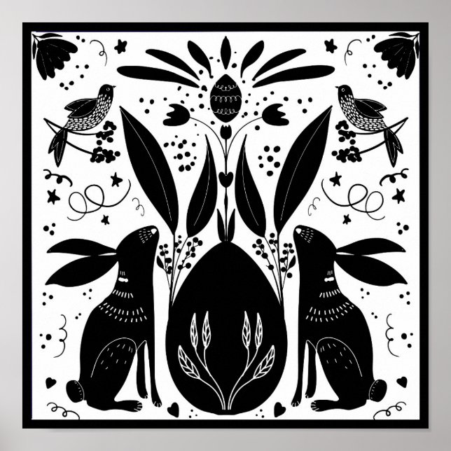 Rabbits Folk Art  Block Print Design Post B&/W (Front)