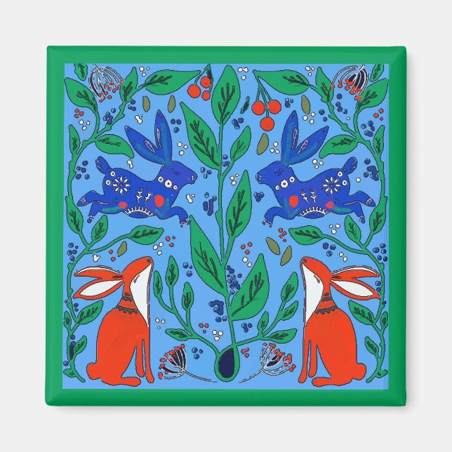 Rabbits Folk Art Magnet (Front)