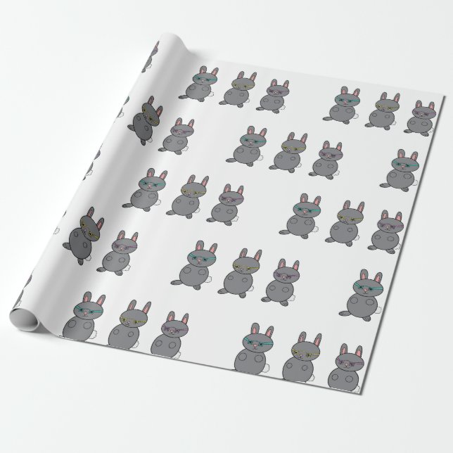 Rabbits Gray Wearing Glasses Blue Yellow Purple Wrapping Paper (Unrolled)