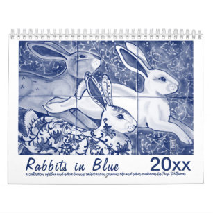 Rabbits in Blue Rabbit Bunny Tile Original Art Calendar