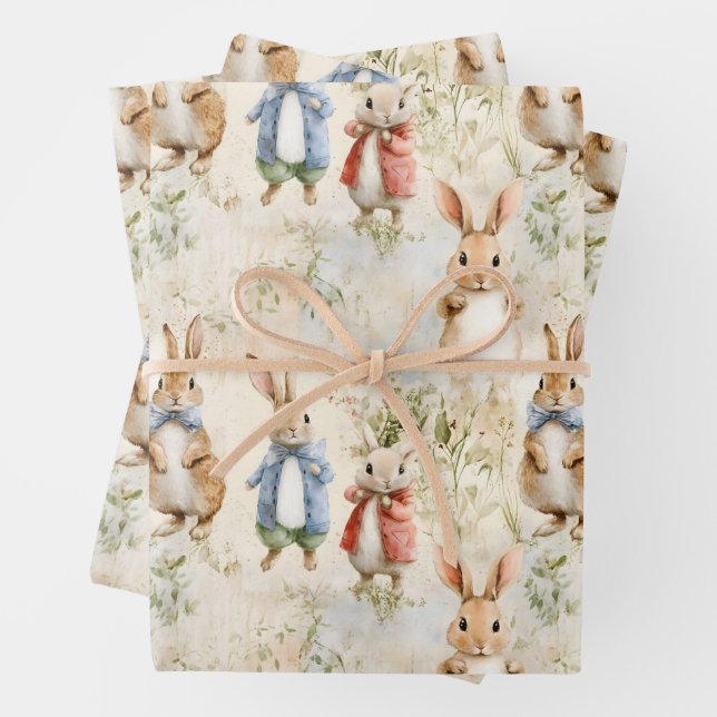Rabbits in jackets wrapping paper sheets (In situ)