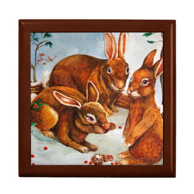 Rabbits in Snow Keepsake box - Jewelry Holder (Front)