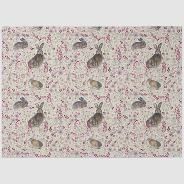 Rabbits In The Garden Pink Flowers Tissue Paper (Front)